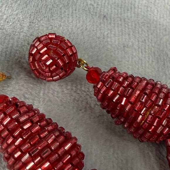 Beaded Red Tassel Pierced Earrings Statement Jewelry Gold Tone Back Vibrant Boho - Picture 10 of 16